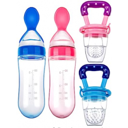 BBTO Green and Blue Teething Pacifiers Food Feeder Silicone Food Dispensing Spoon with Replacement Feeding Nipples